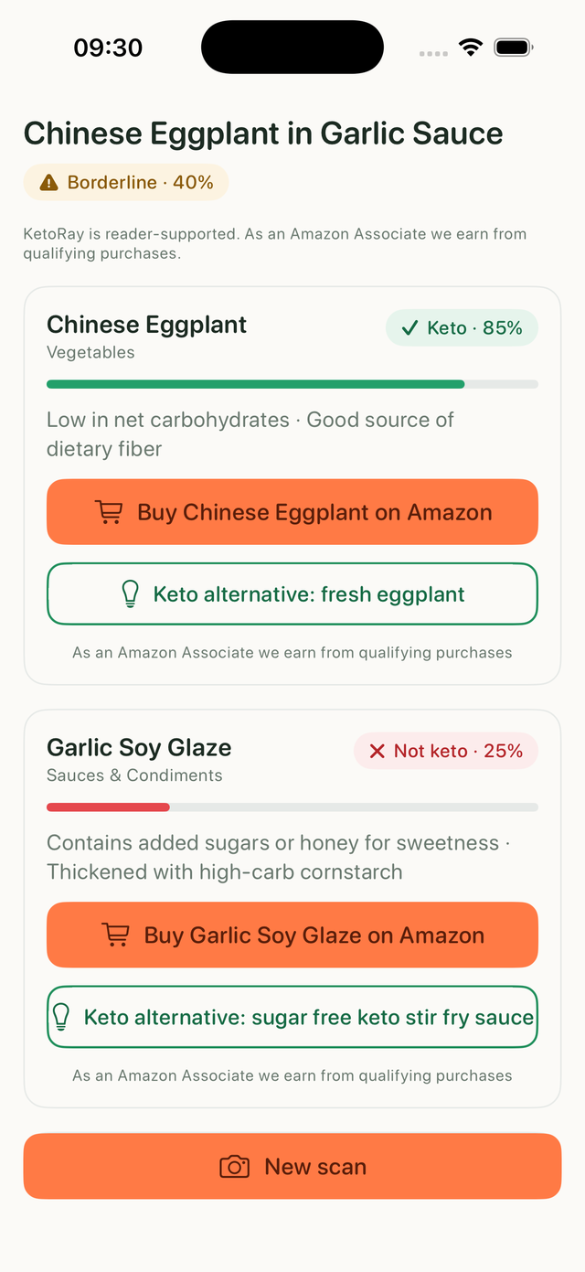 KetoRay result screen with a keto verdict for the dish and each ingredient
